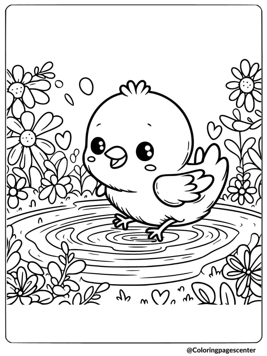 Coloring page of a cute bird standing at a pond with flowers