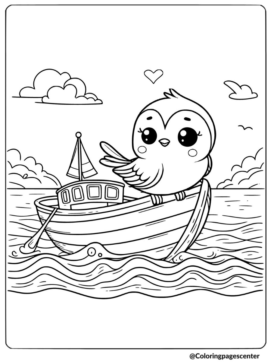 Coloring page featuring a cute bird on a boat in the sea