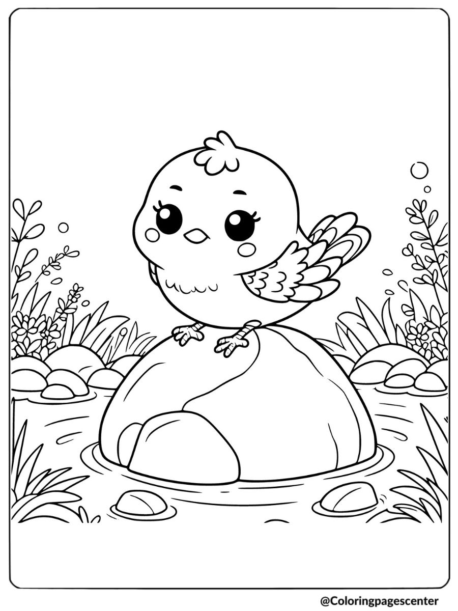 Coloring page of a cute bird sitting on a rock in a river