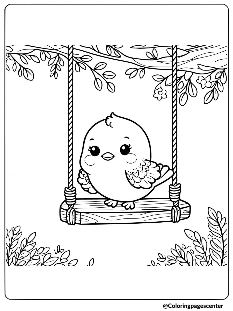 Coloring page of a cute bird sitting on a swing