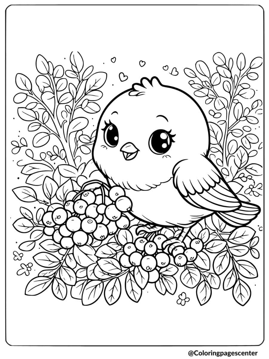 Coloring page of a cute bird perched on a berry bush