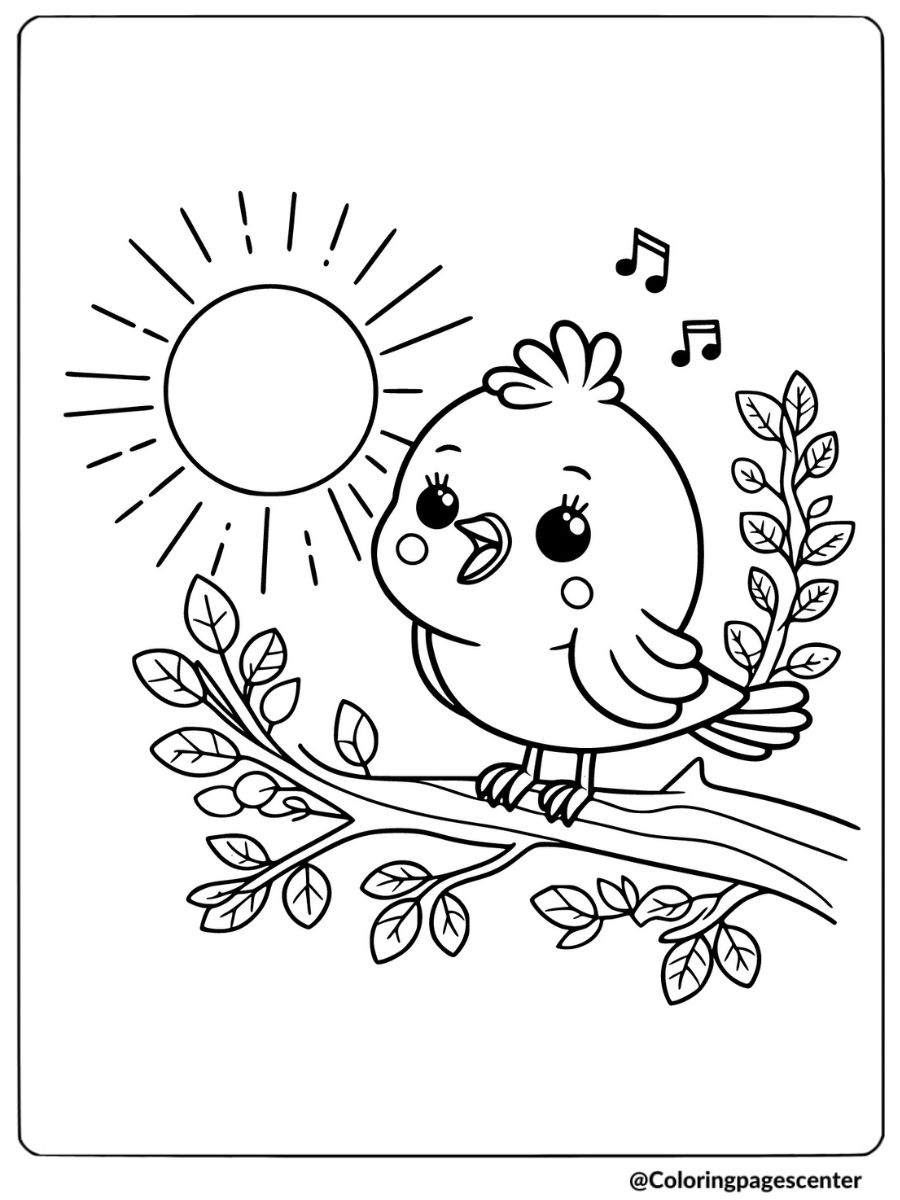 Coloring page of a cute bird singing on a branch