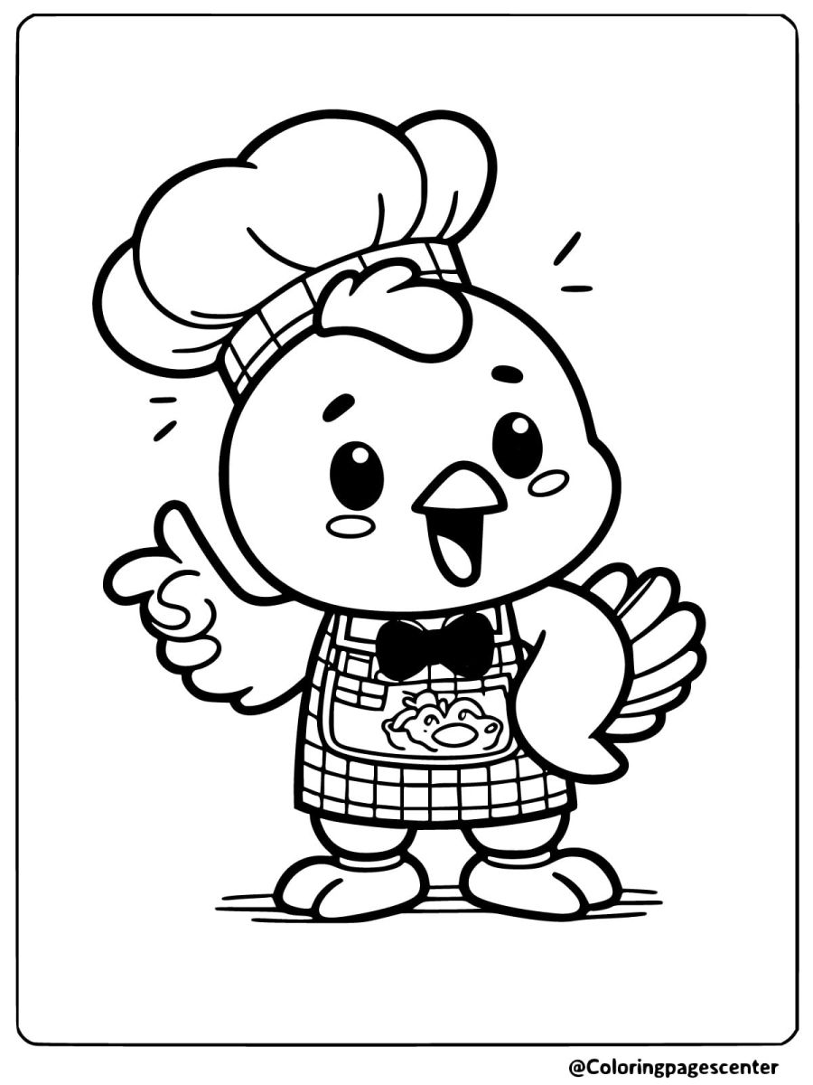 Coloring page of a cute chicken in a chef hat