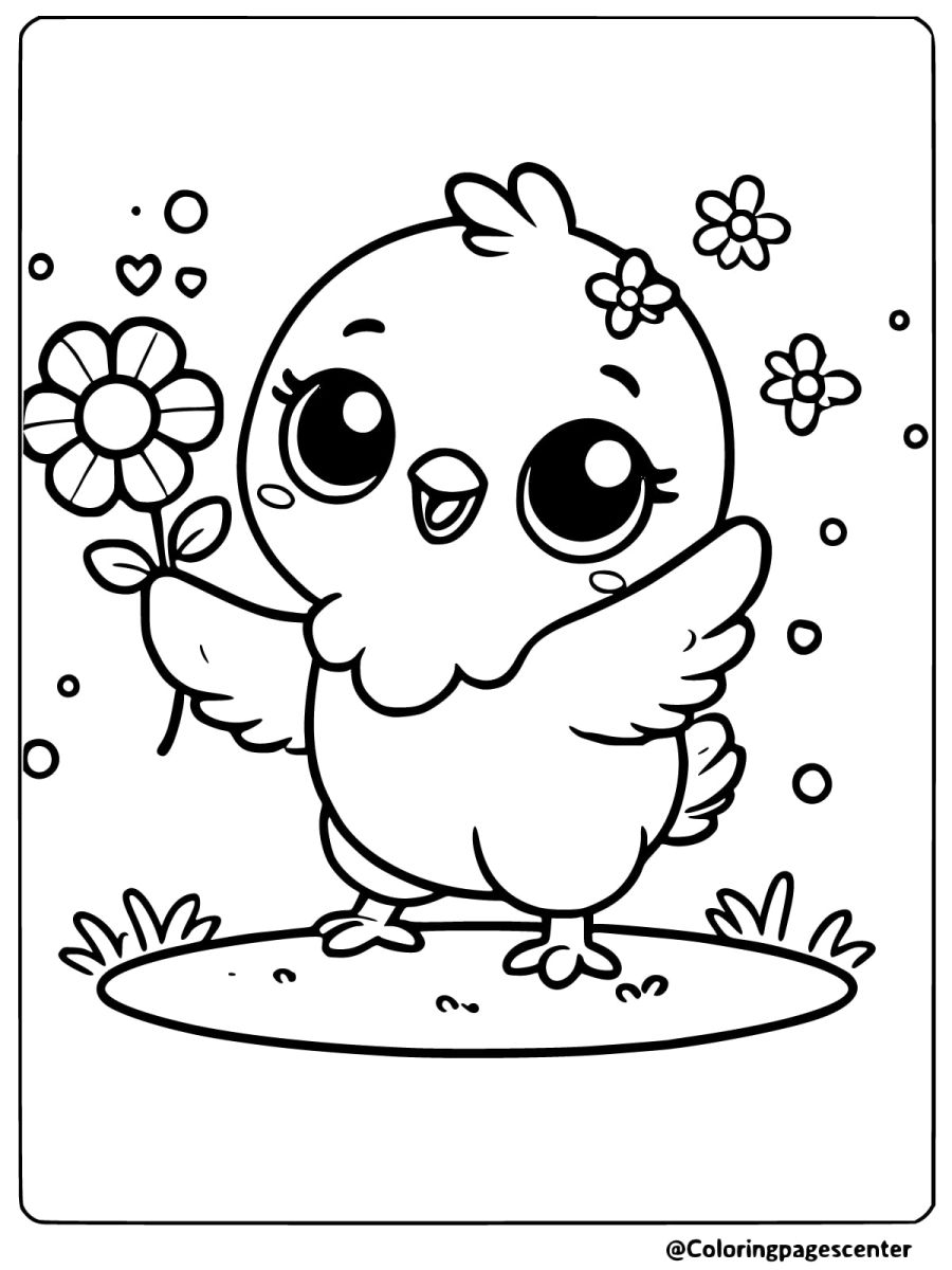 Coloring page of a cute chicken holding a flower