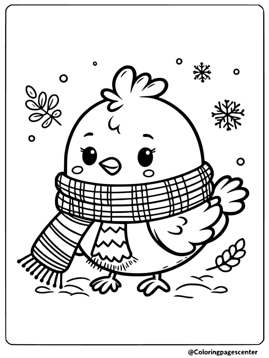 Coloring page of a cute chicken with a winter scarf