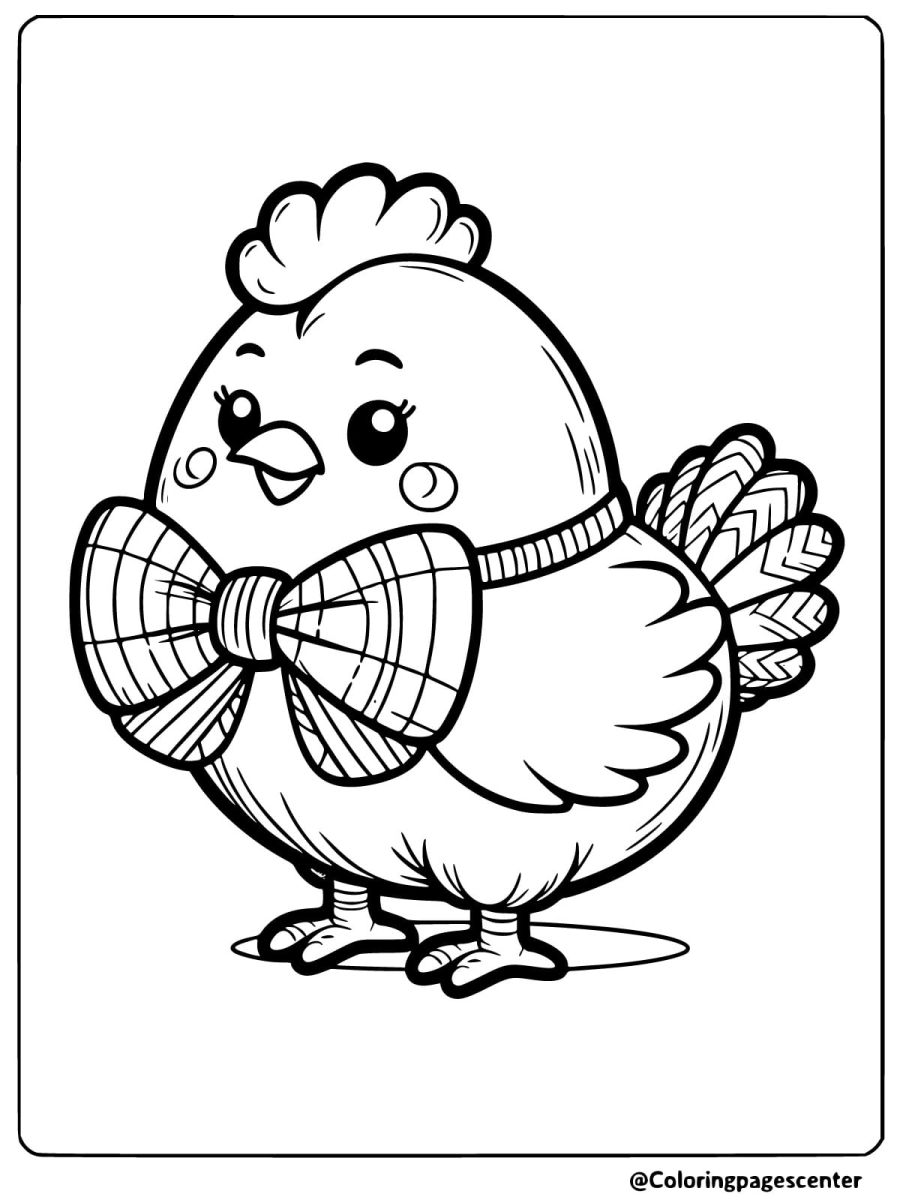 Coloring page of a cute chicken with a bow tie