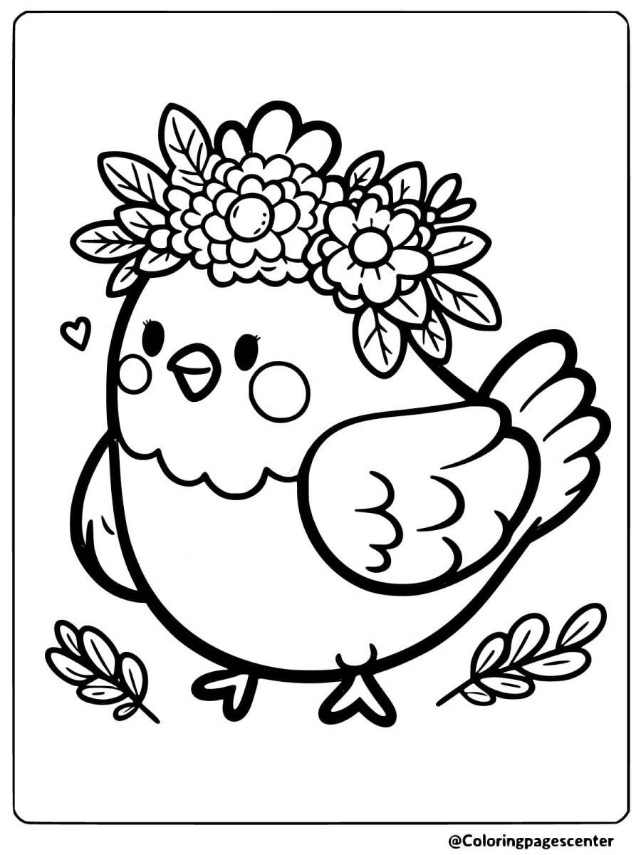 Coloring page of a cute chicken wearing a flower crown