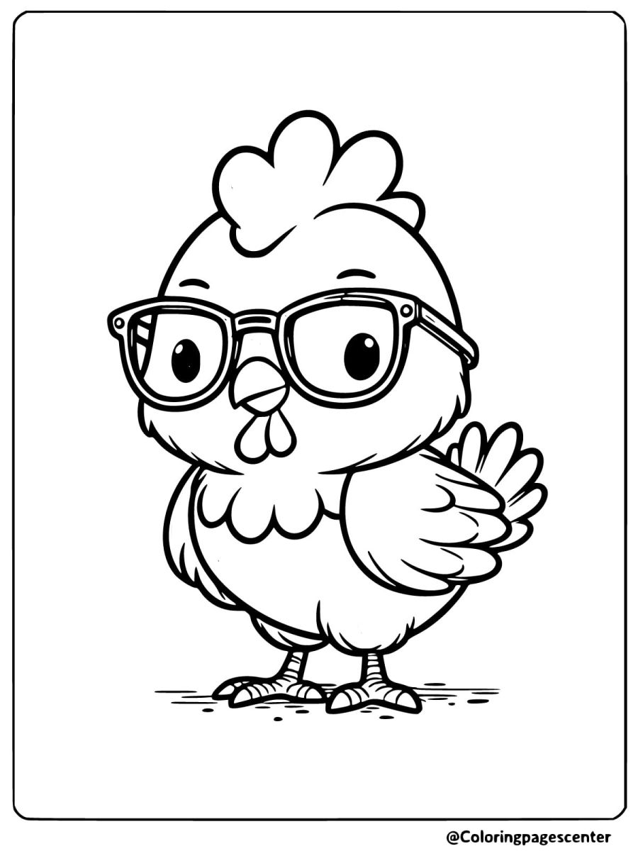 Coloring page of a cute chicken wearing glasses