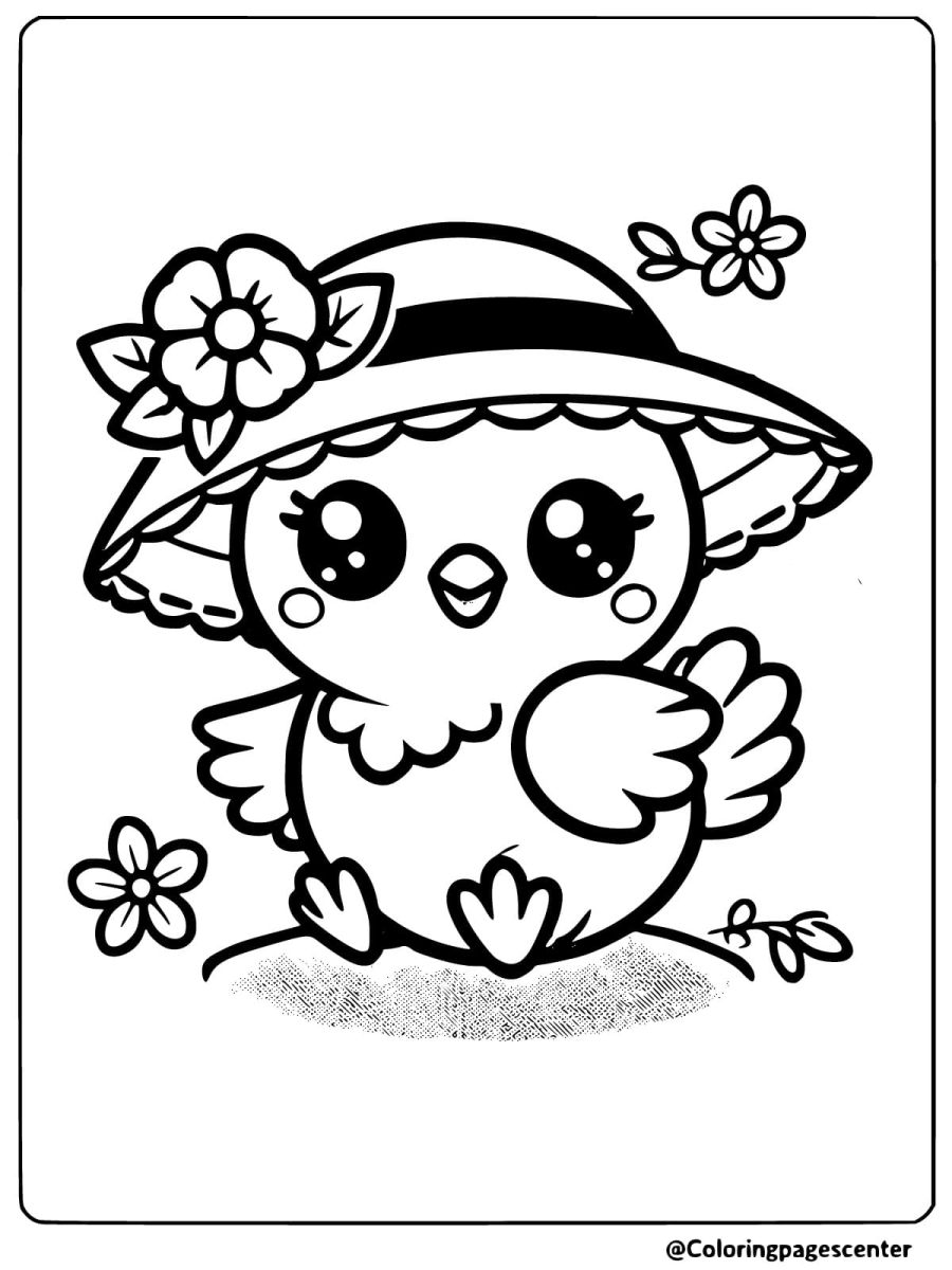 Coloring page of a cute chicken in a sun hat