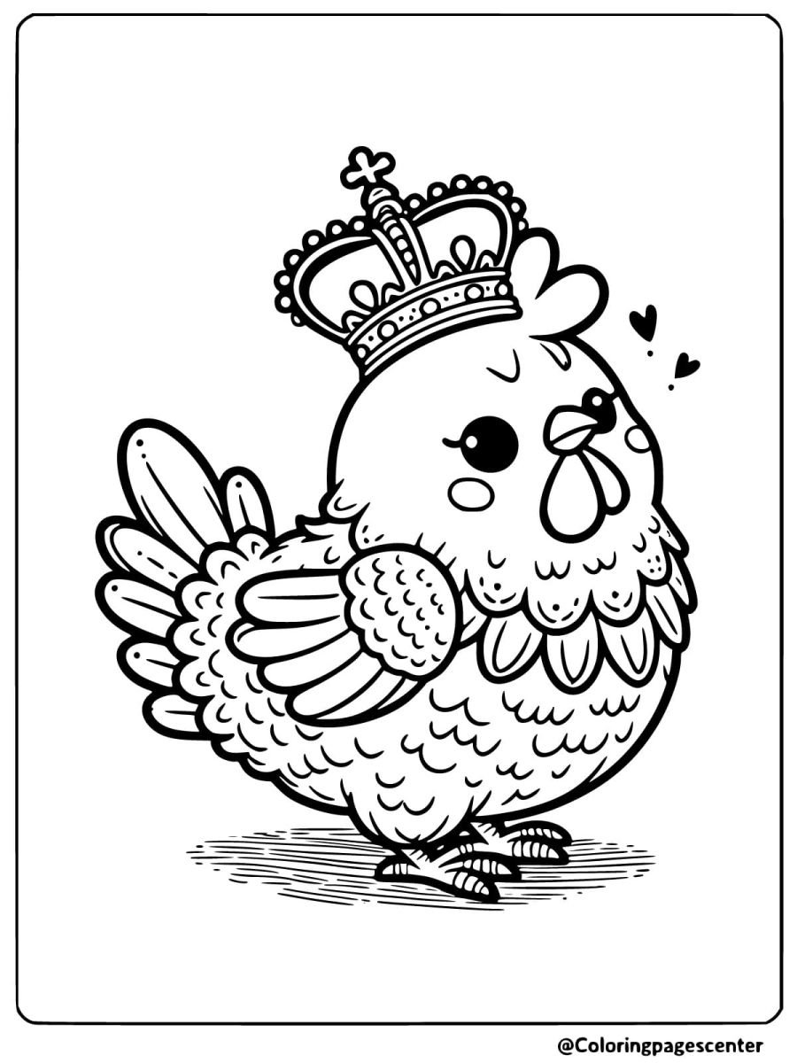 Coloring page of a cute chicken wearing a crown