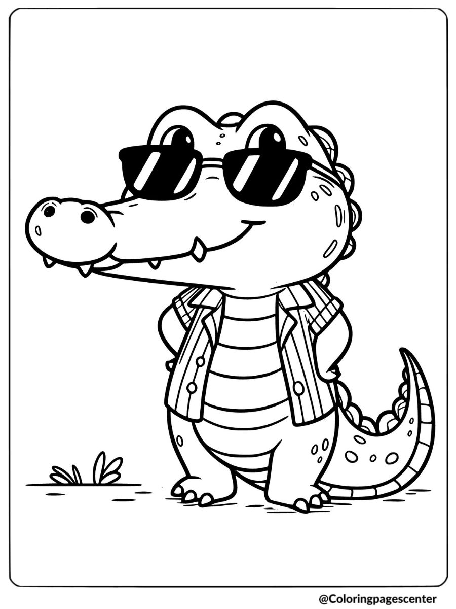 Cute crocodile wearing sunglasses and jacket coloring page