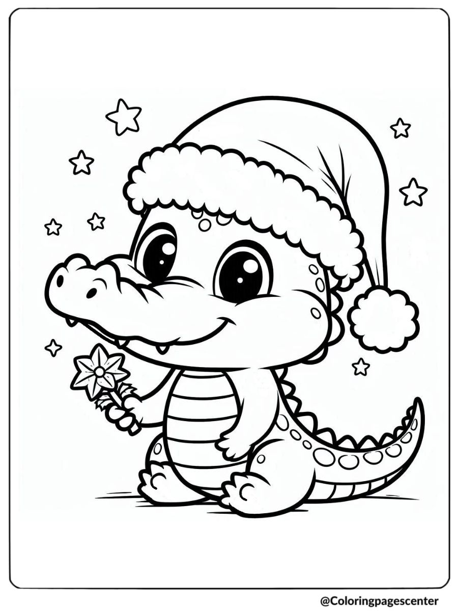 Cute crocodile wearing Santa hat holding star coloring page