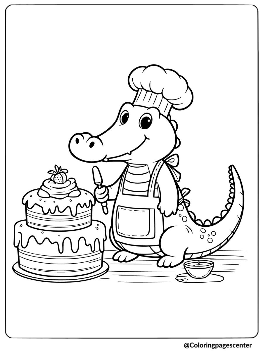 Cute crocodile in chef’s hat decorating a cake coloring page