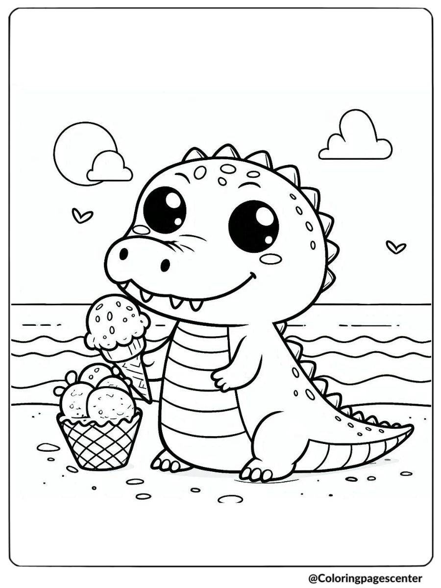 Cute crocodile holding ice cream at the beach coloring page