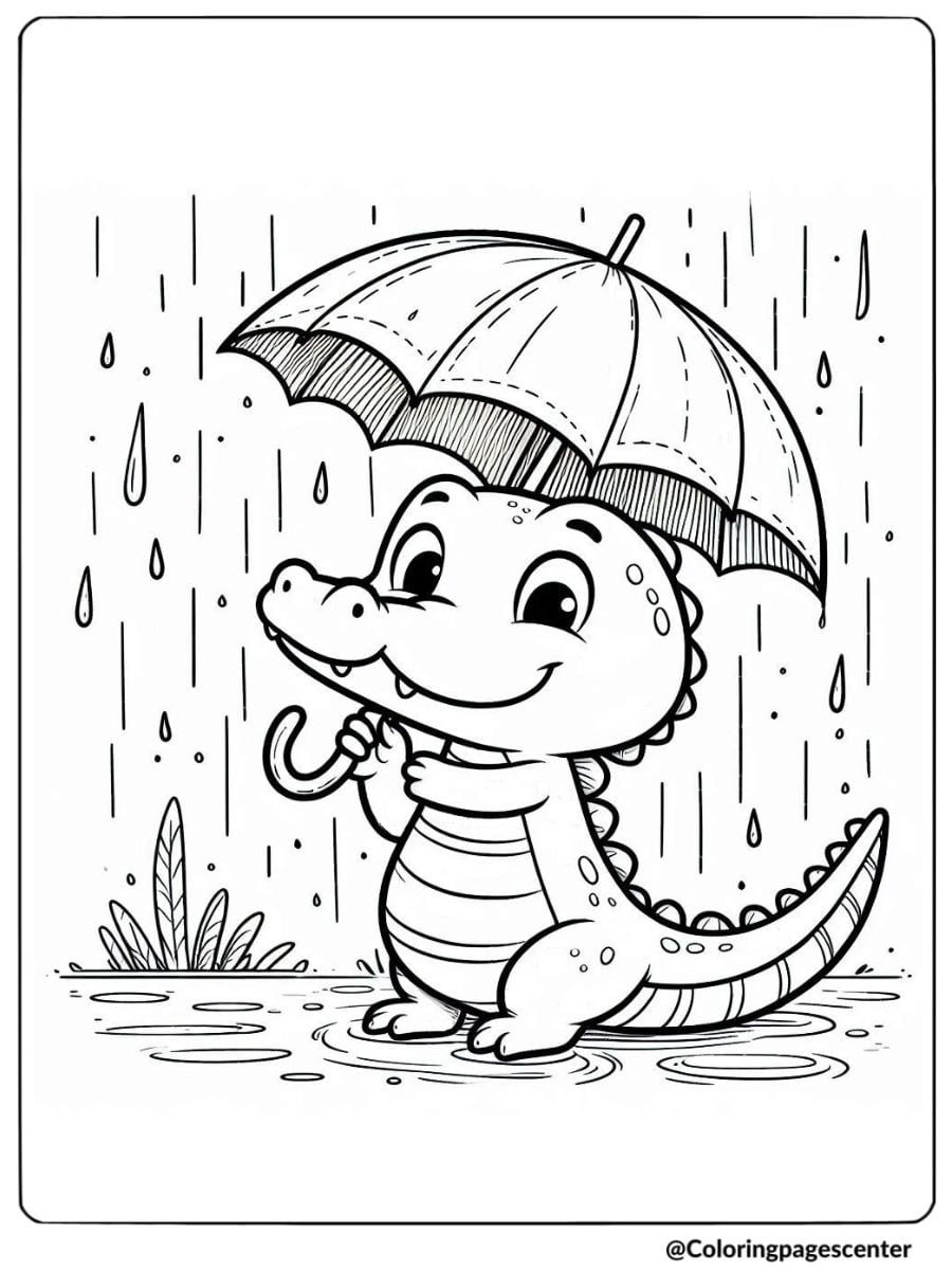 Cute crocodile holding an umbrella in the rain coloring page