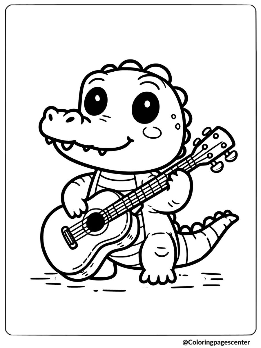 Cute crocodile standing with a guitar smiling coloring page