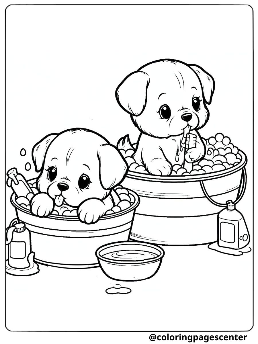 Two cute dogs enjoying a bubble bath coloring page