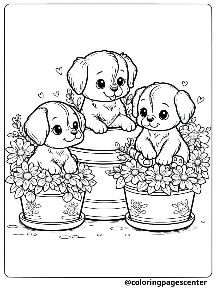 Three cute dogs sitting in flower pots coloring page