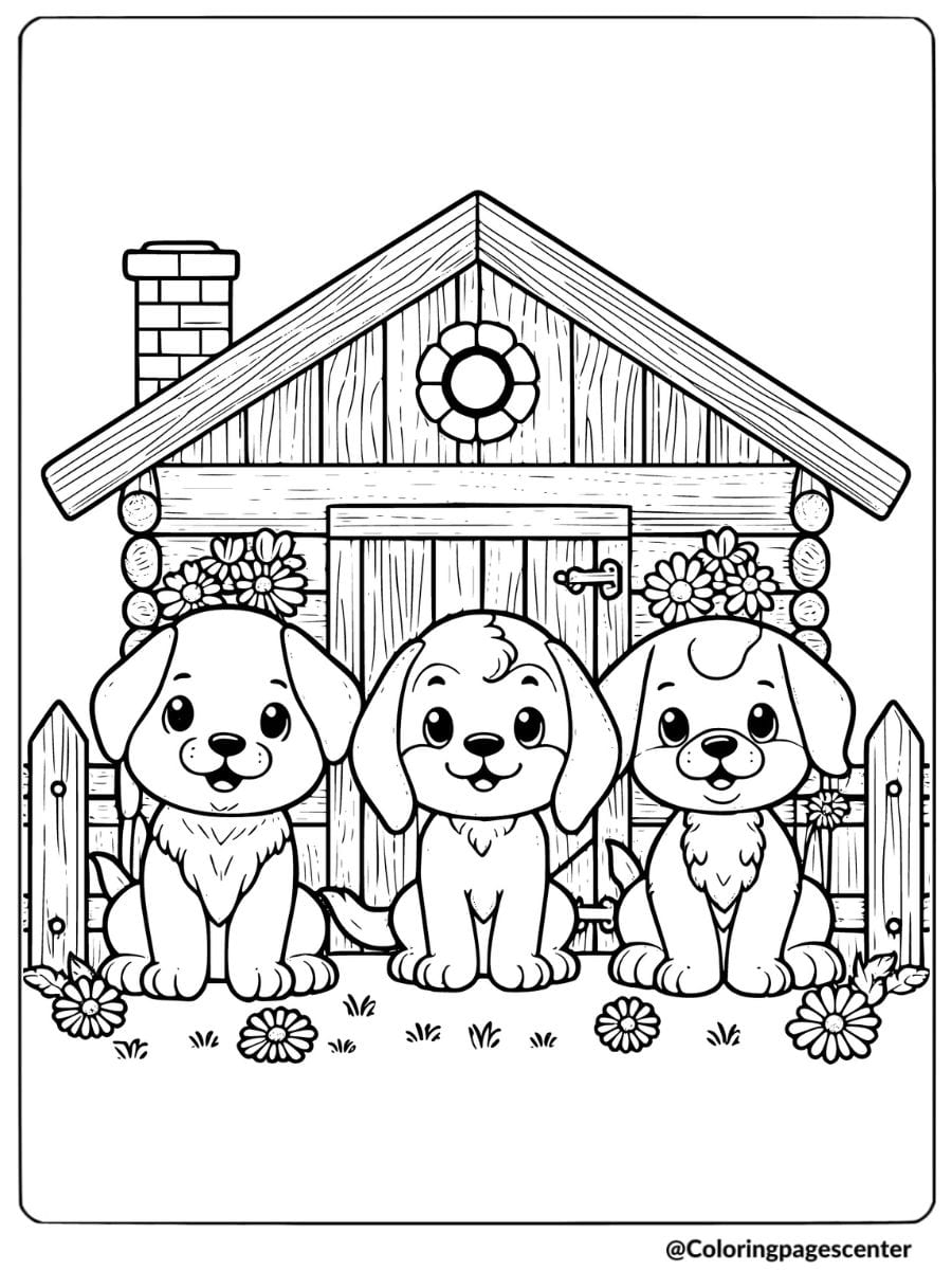 Three cute dogs in front of a wooden doghouse coloring page