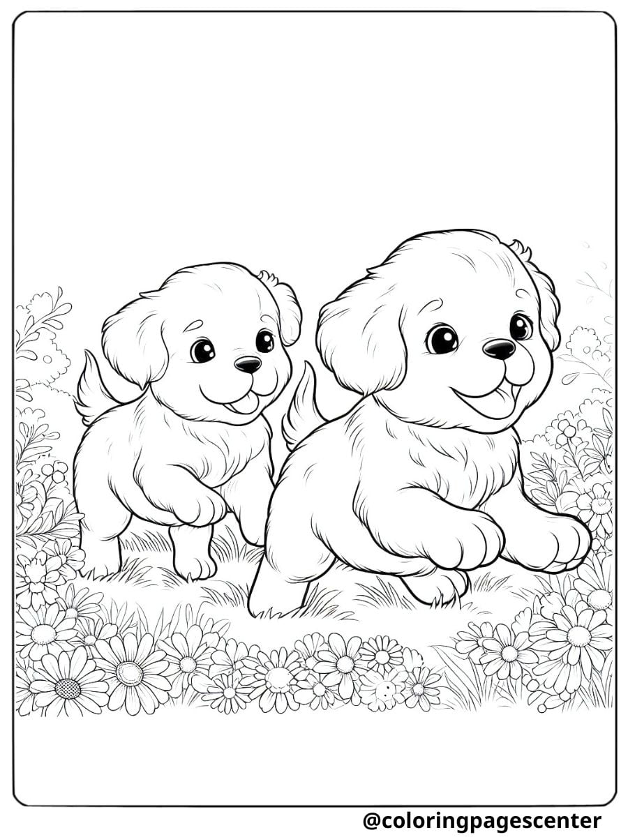 Two cute dogs running in a garden full of flowers coloring page