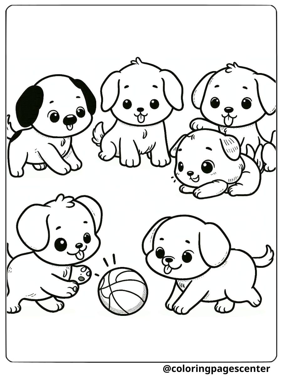 Group of cute dogs playing with a ball coloring page