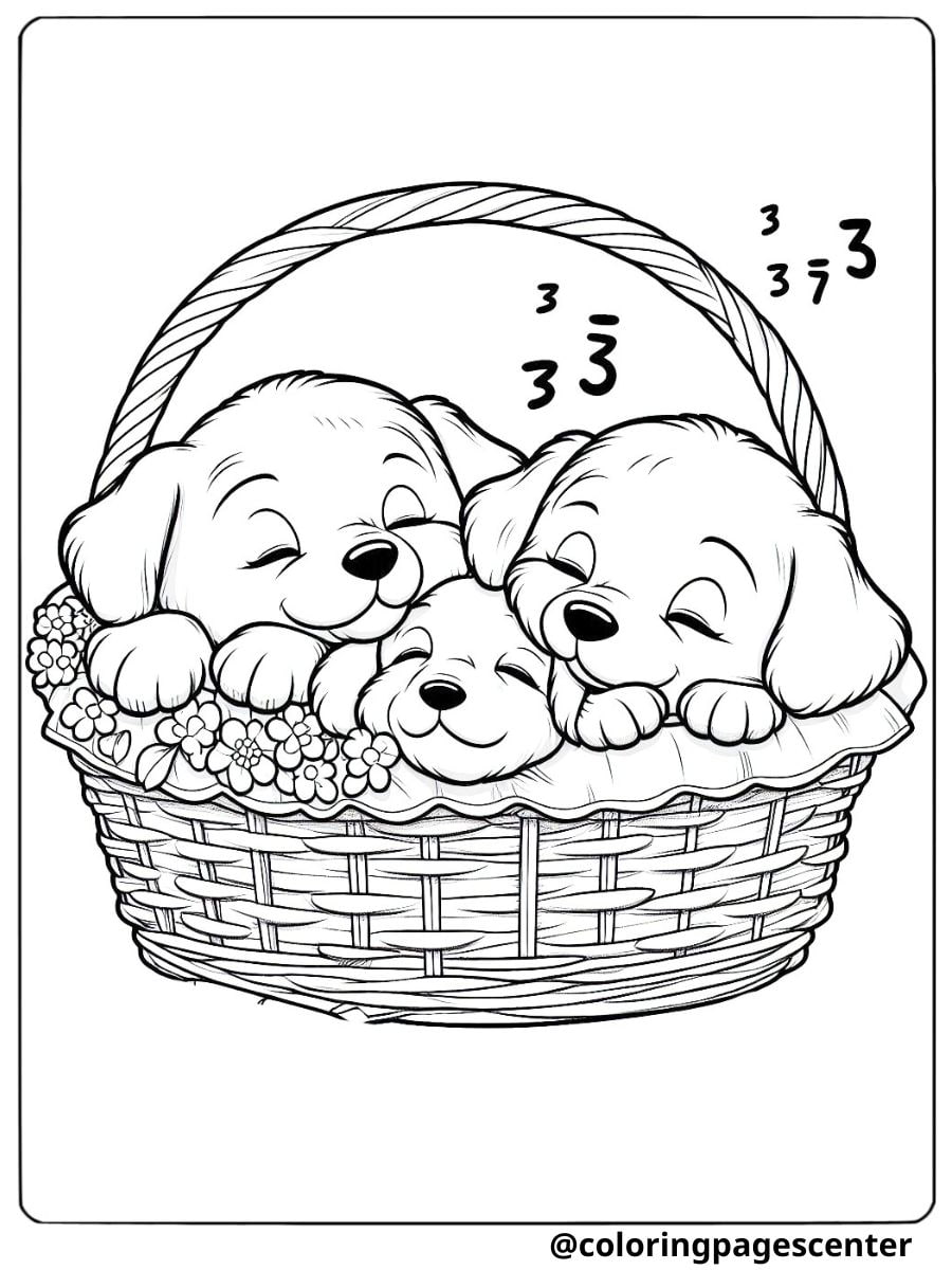 Three cute dogs napping in a basket coloring page