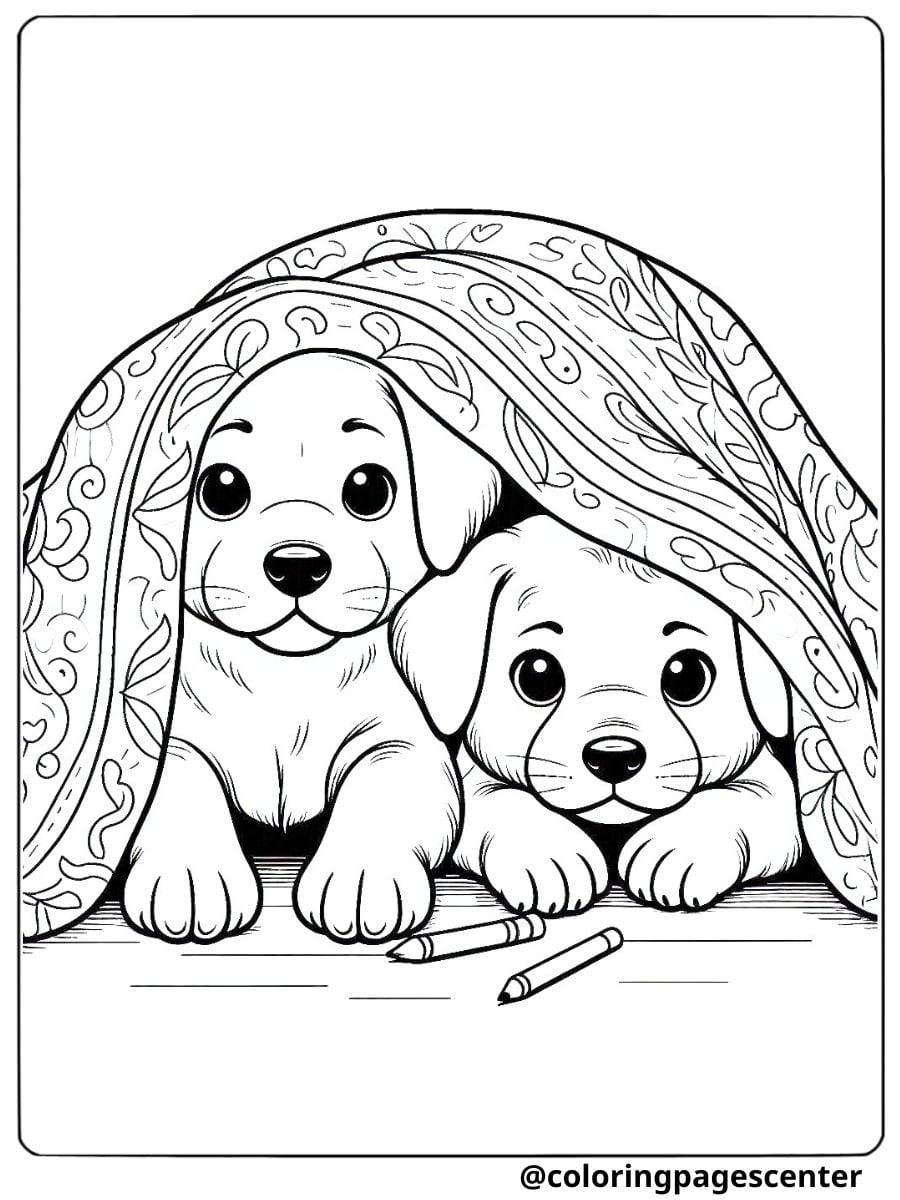 Two cute dogs hiding under a blanket with crayons coloring page