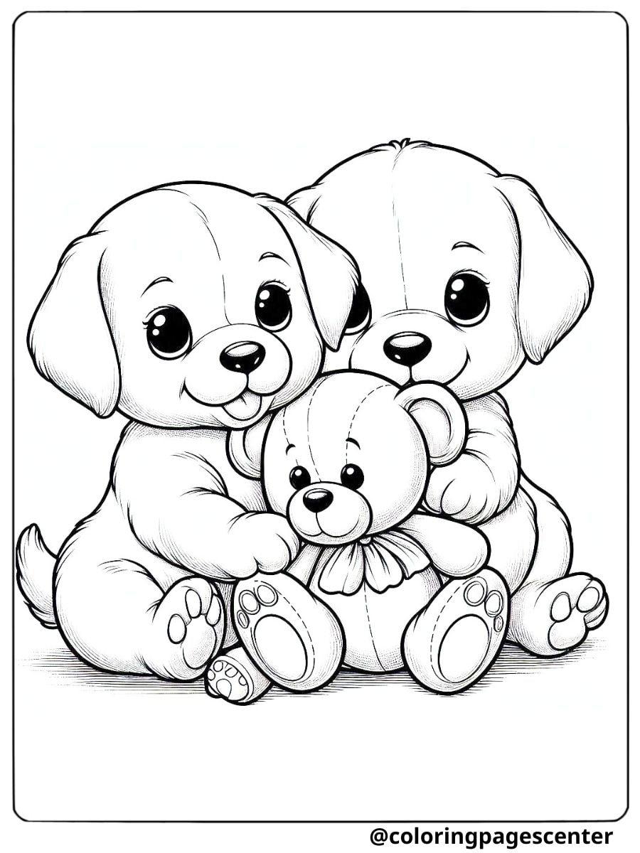 Two cute dogs hugging a teddy bear coloring page