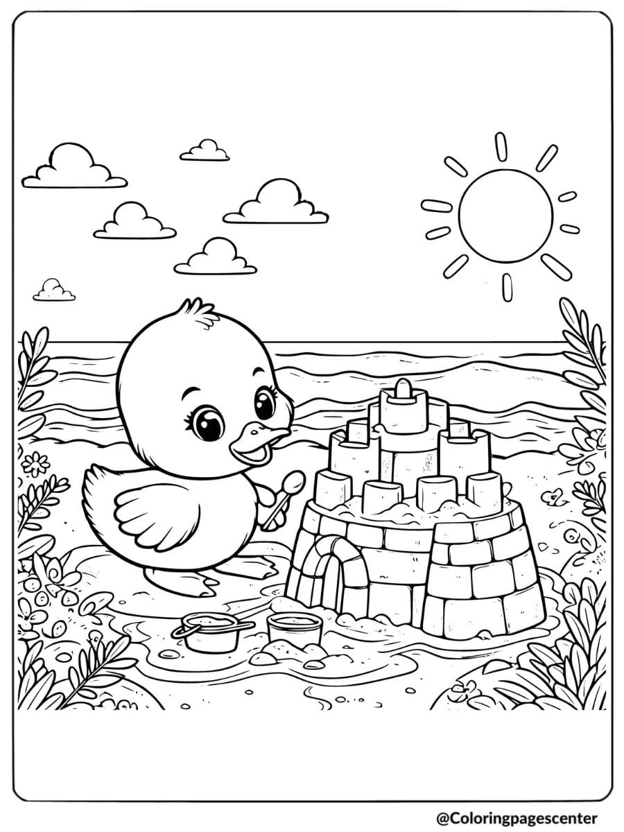 Cute duck making a sandcastle at the beach coloring page