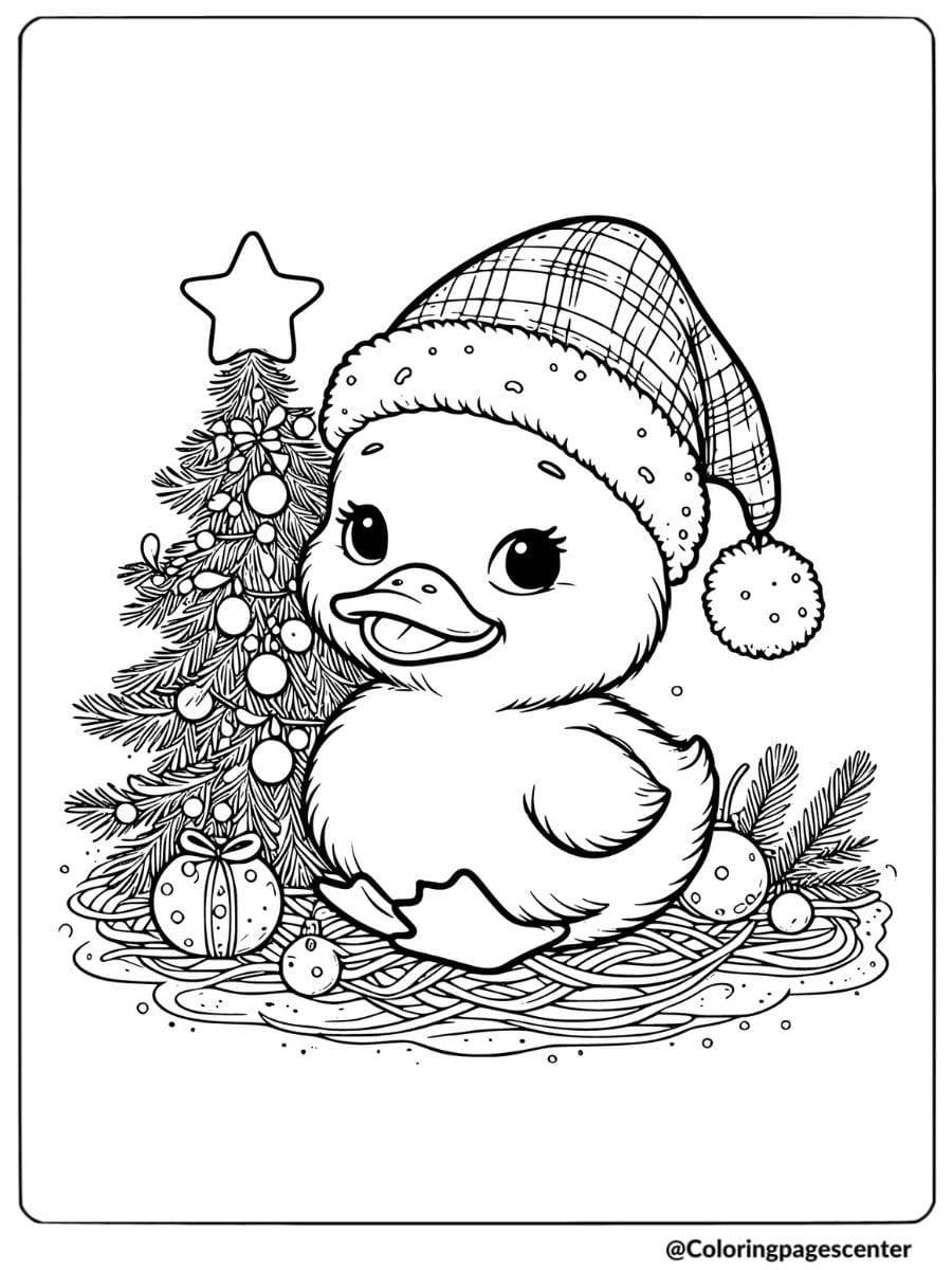 Cute duck in a Santa hat near a Christmas tree coloring page