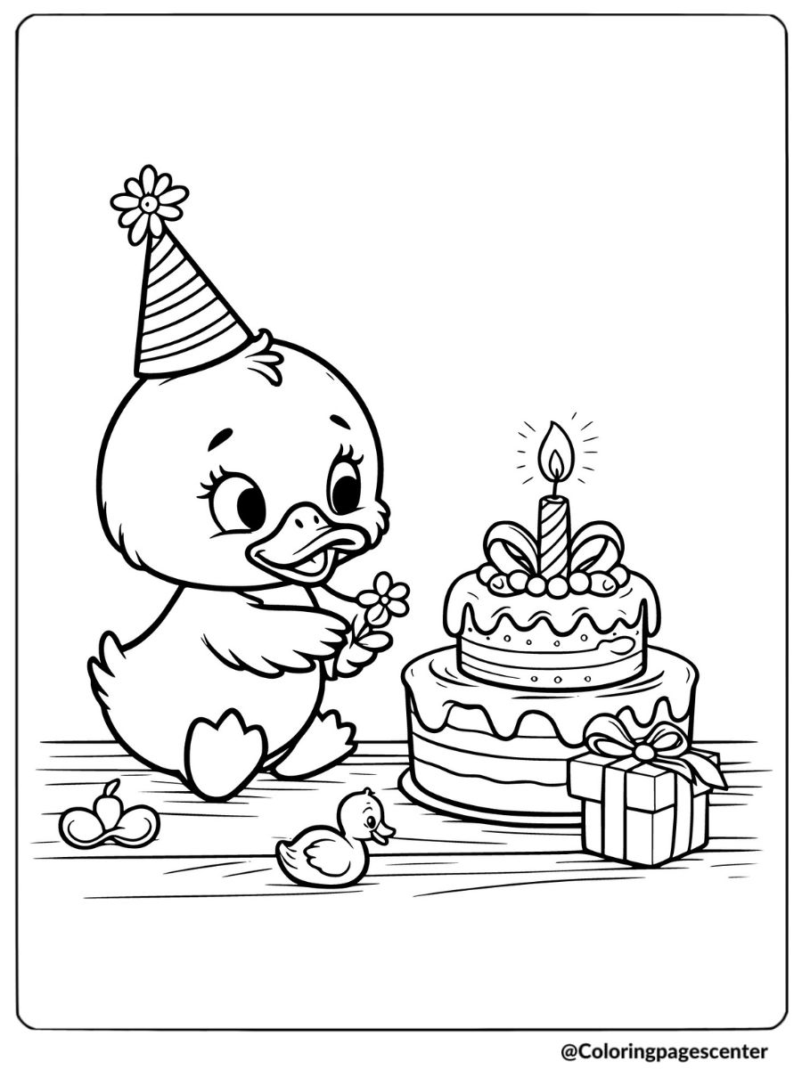 Cute duck with a birthday cake and present coloring page