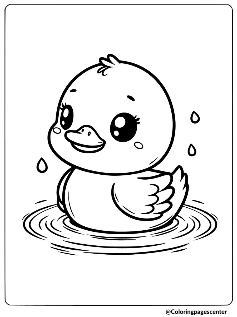 Cute duck swimming with water droplets coloring page