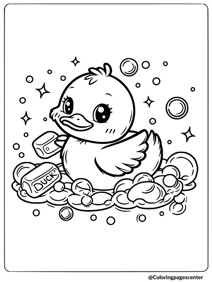 Cute duck surrounded by bubbles and soap coloring page