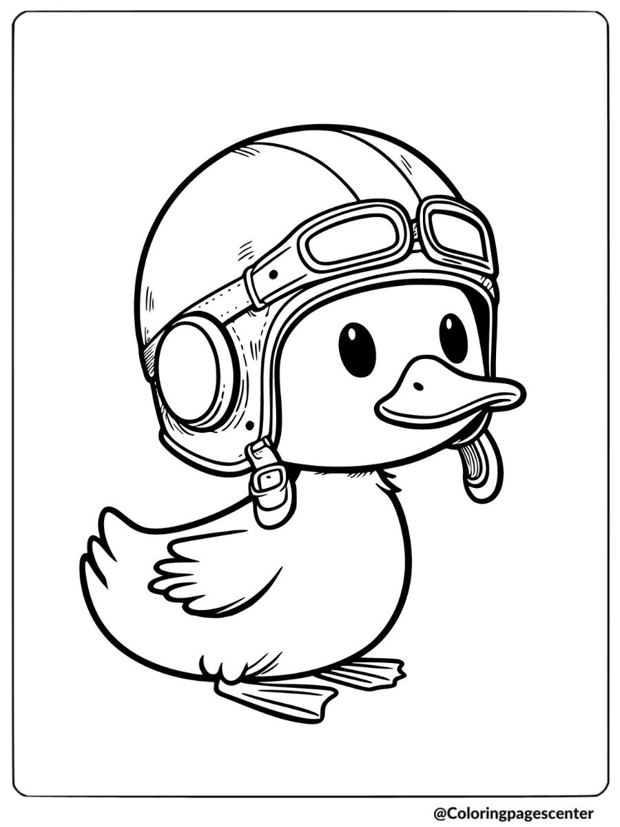 Cute duck in an aviator helmet coloring page