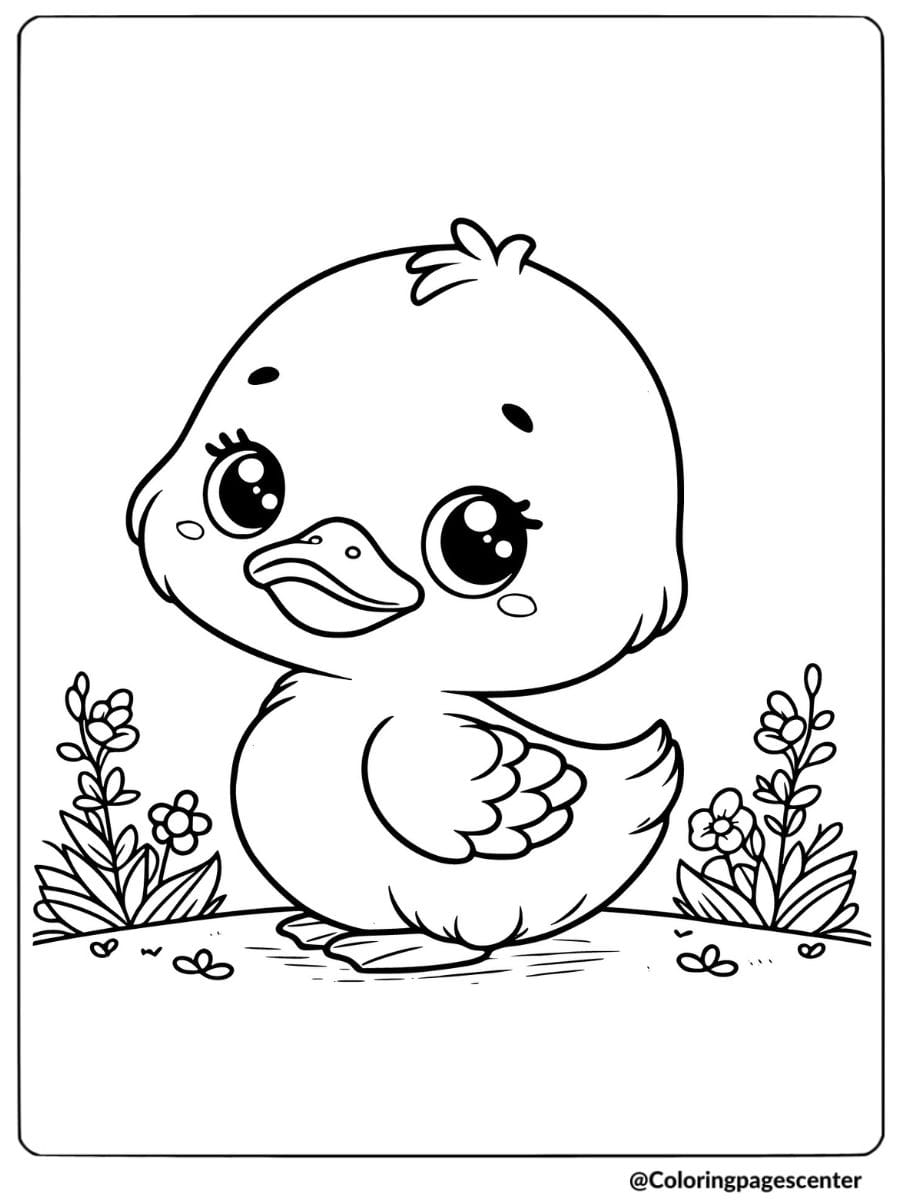 Cute duck with big eyes surrounded by flowers coloring page