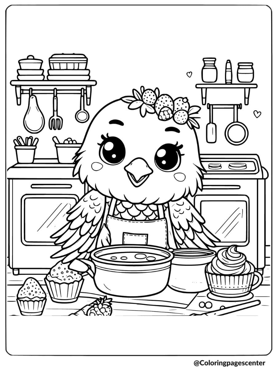 Cute eagle baking cupcakes coloring page