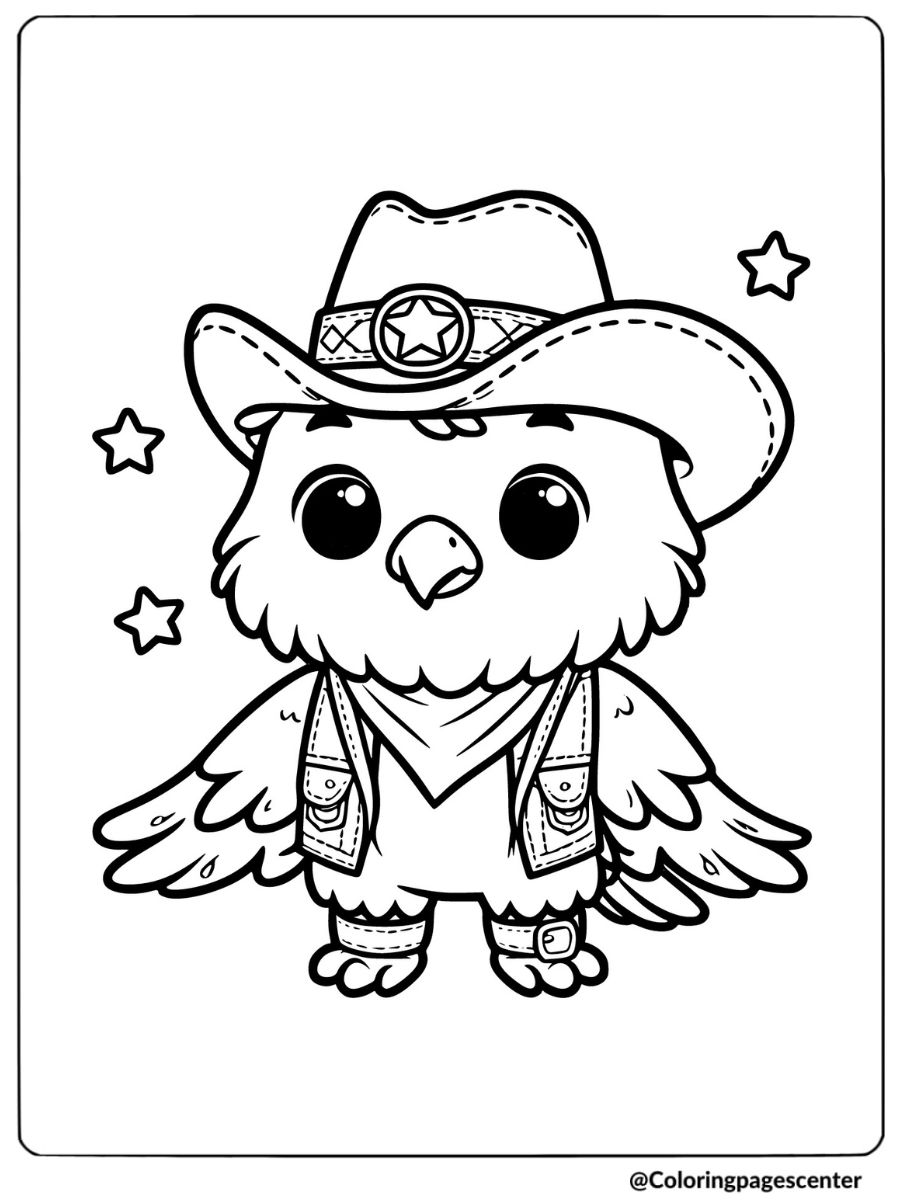 Cute eagle in cowboy outfit coloring page