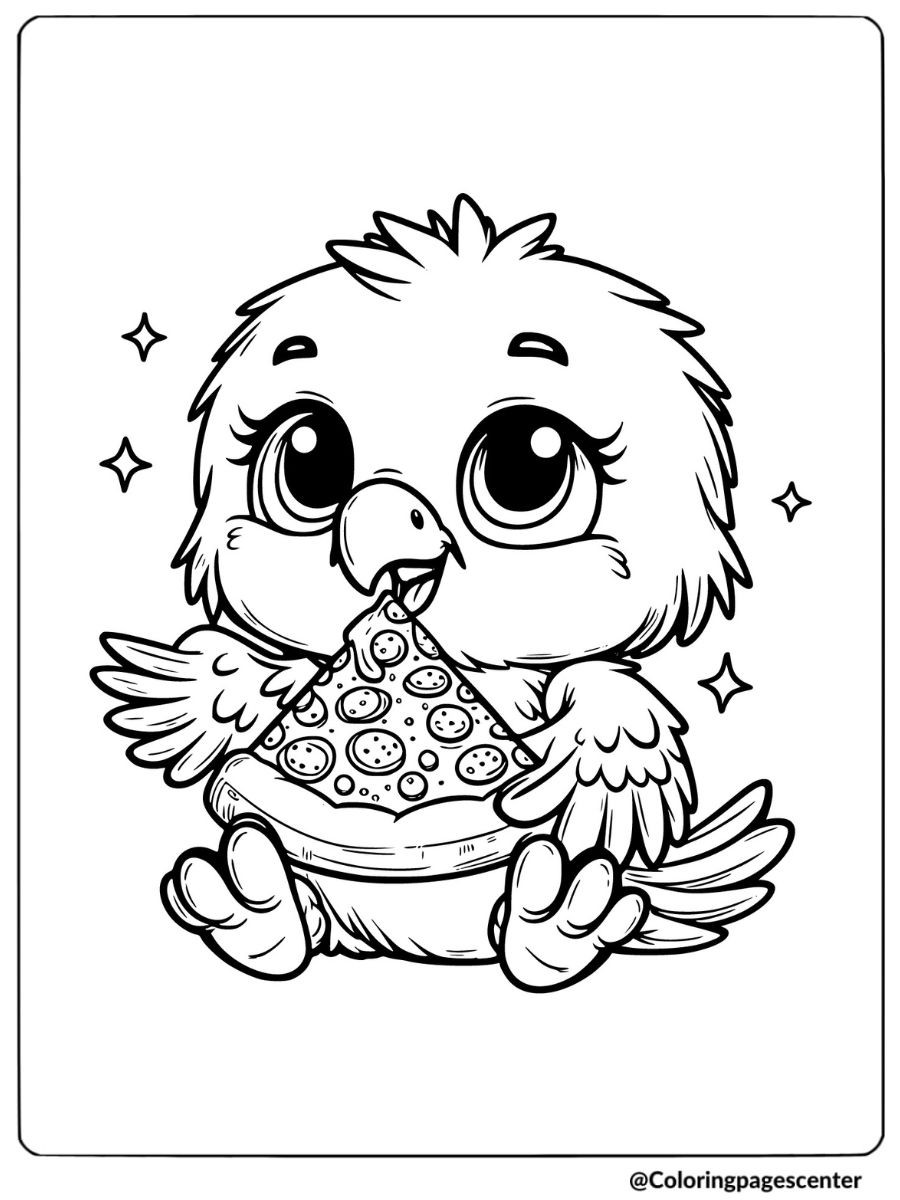 Cute eagle holding a slice of pizza coloring page