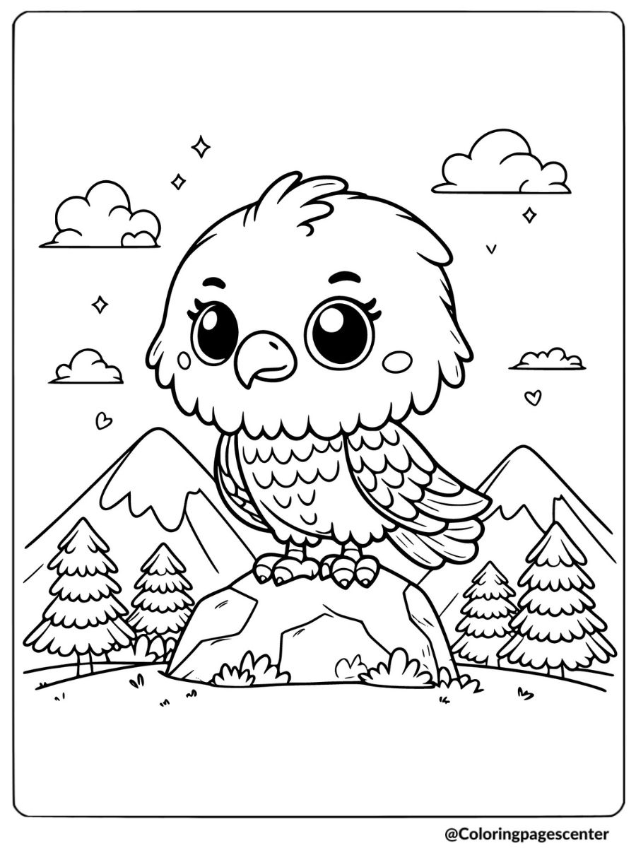 Cute eagle on a rock with mountains coloring page