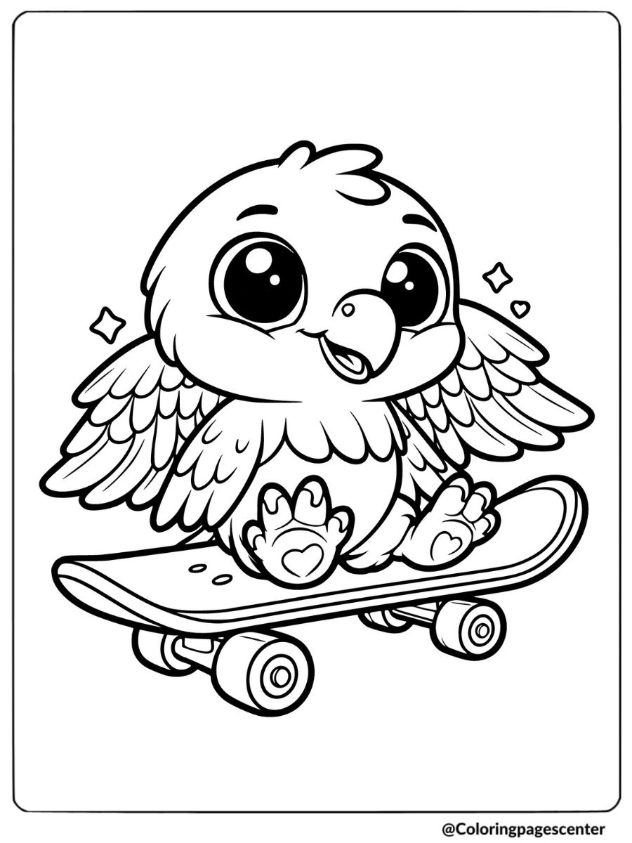 Cute eagle riding a skateboard coloring page