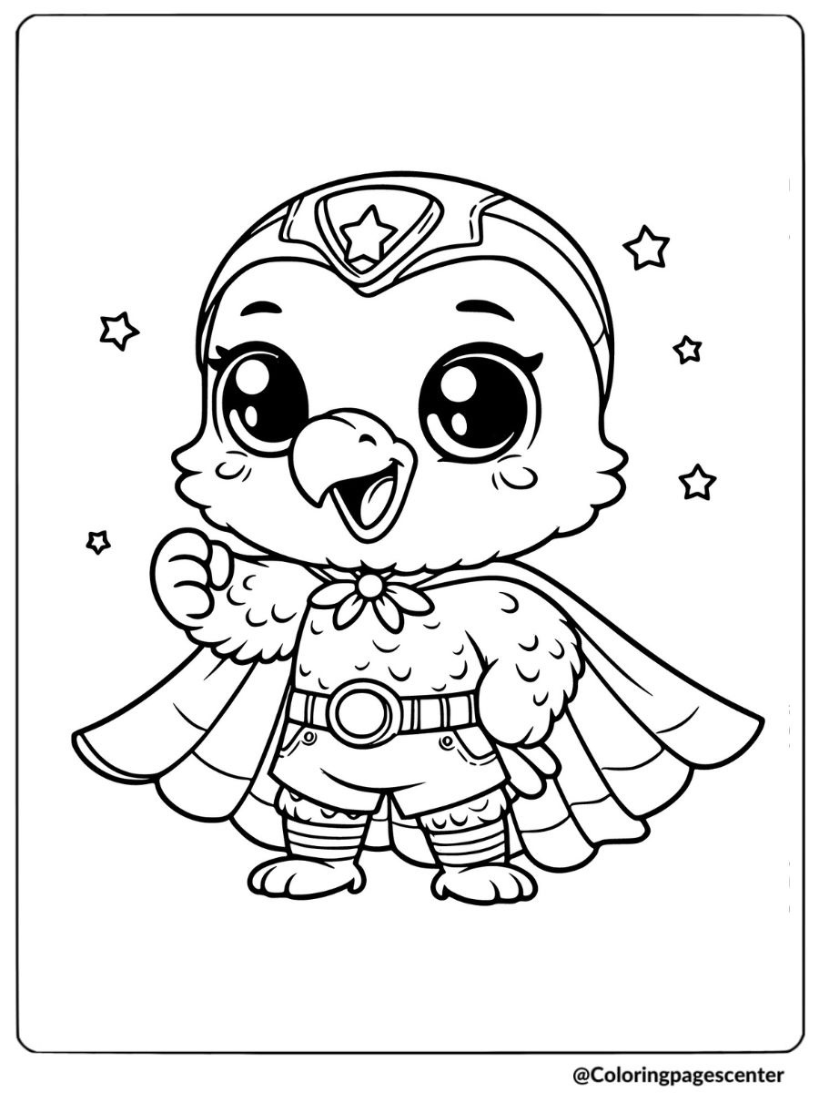 Cute eagle in superhero outfit coloring page