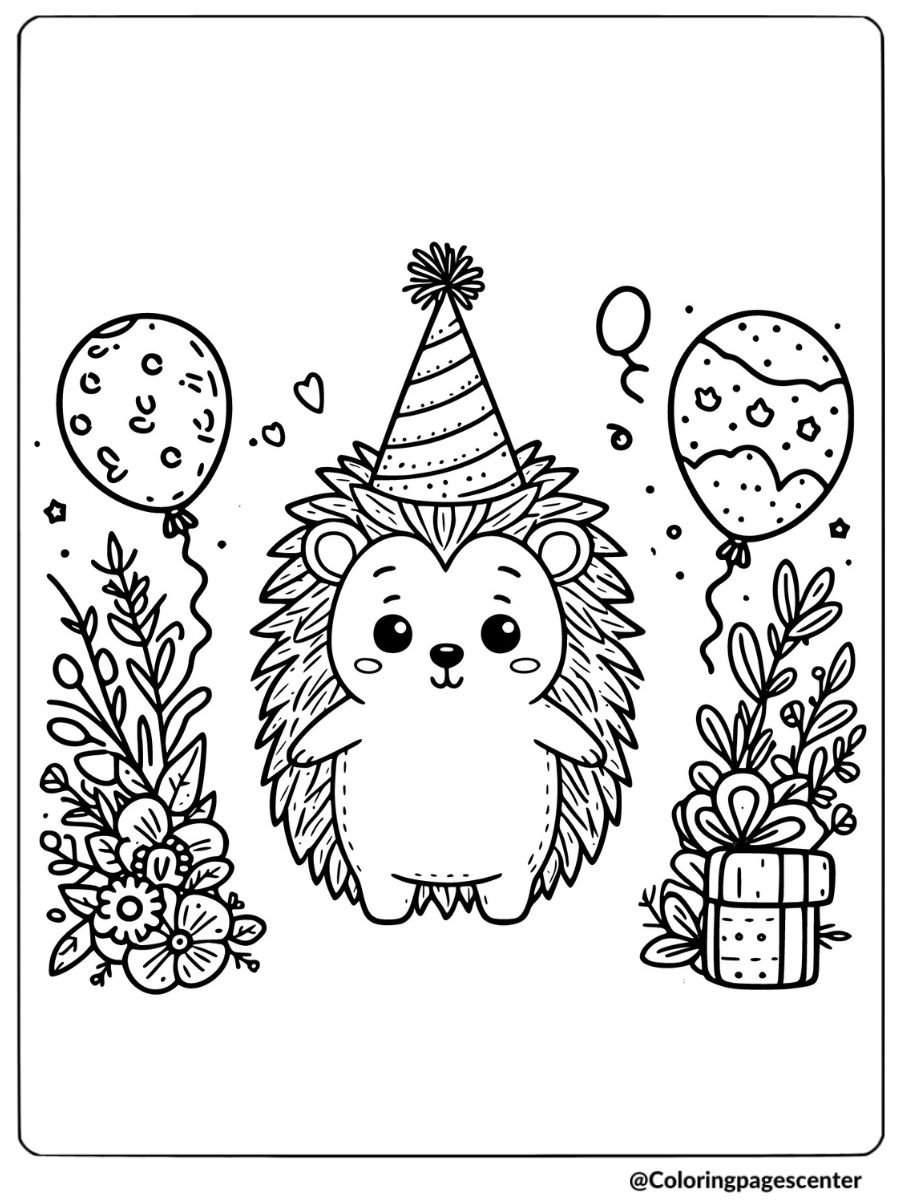 Cute hedgehog with party hat and balloons coloring page