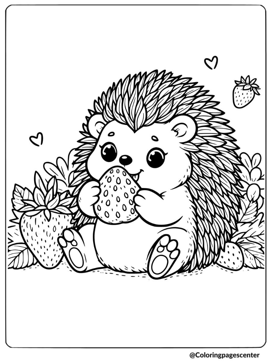 Cute hedgehog holding a strawberry coloring page