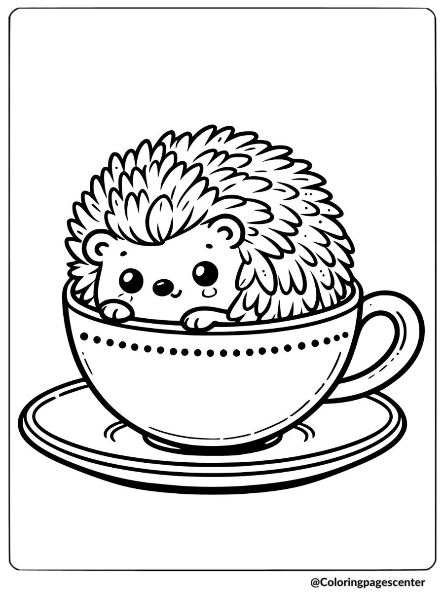 Cute hedgehog sitting in a teacup coloring page