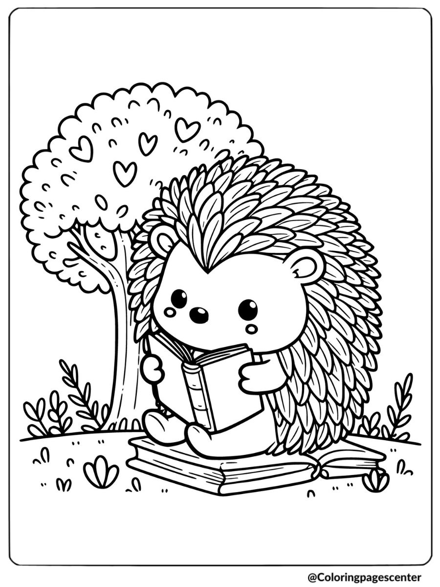 Cute hedgehog reading a book under a tree coloring page