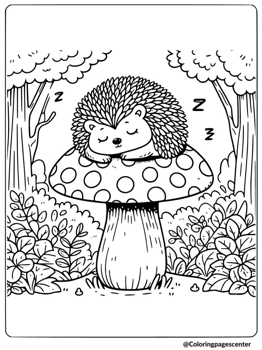 Cute hedgehog napping on a mushroom coloring page