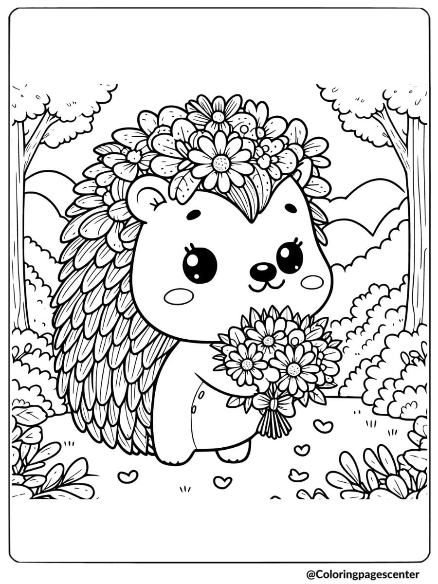 Cute hedgehog holding flowers in a field coloring page