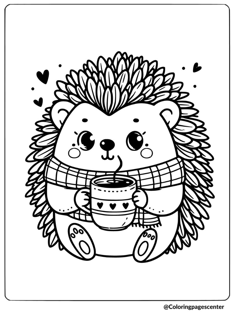 Cute hedgehog with scarf holding a warm drink coloring page