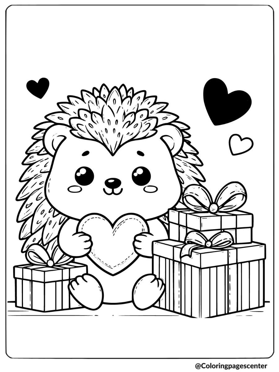 Cute hedgehog with heart and gifts coloring page