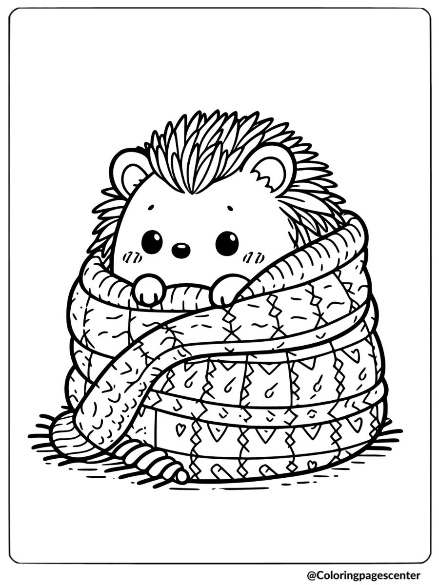 Cute hedgehog snuggled in a blanket coloring page